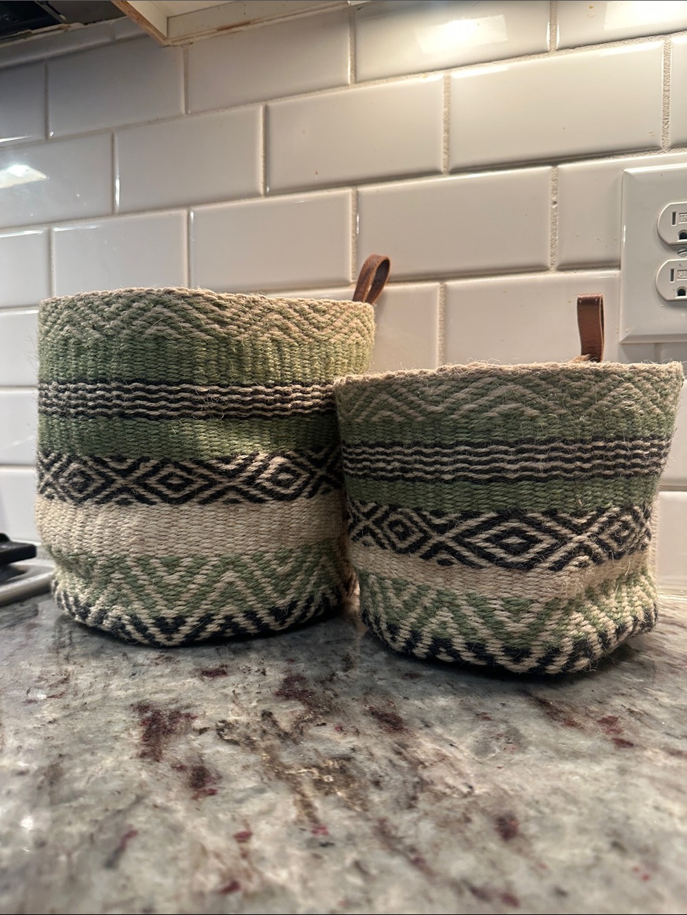 YOKU Jute Hand Woven Green Patterned Storage Baskets - Set of 2